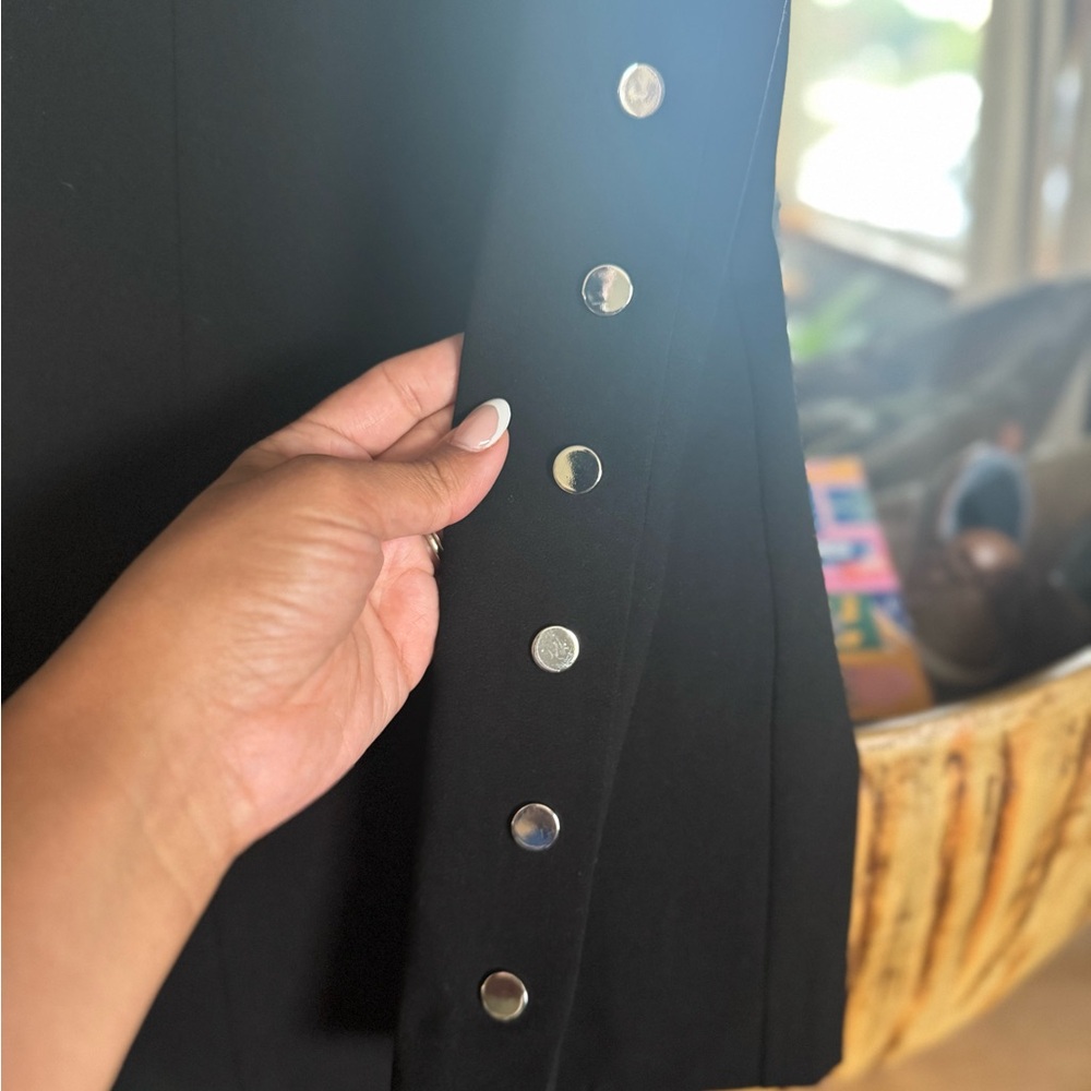 Calvin Klein Black Sheath Midi Dress ✨ Silver Button Detail Work Office Chic - Picture 7 of 9